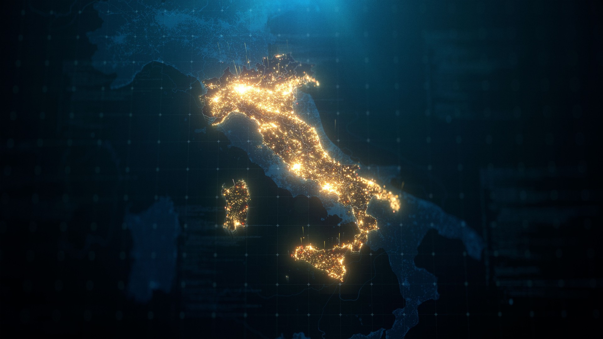 Night Map of Italy with City Lights Illumination